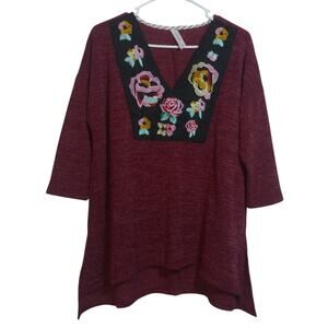 Honeyme Embroidered Burgundy Women's Knit Marled Top 3/4 Sleeves Size S